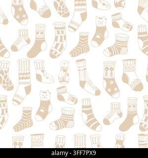Decorative Socks and Stockings Seamless Pattern Doodle. Beige Cozy Knitted Hosiery with Gift, Cat, Striped, Spotted, Floral and Geometric Patterned on Stock Vector