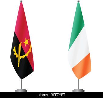 Angola and Ireland flags on flagpoles for official ceremonies and meetings, transparent background vector Stock Vector