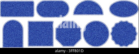 Denim texture patch set with white stitched embroidery edges. Jeans fabric labels in square, circle and scalloped shapes Stock Vector