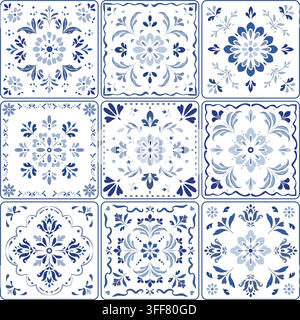 Azulejo Portuguese blue tiles pattern, seamless background mediterranean amalfi patchwork style Stock Vector