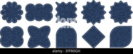 Denim texture badge set with dashed white stitch outlines. Jeans fabric labels in flower, star, diamond and clover shapes Stock Vector