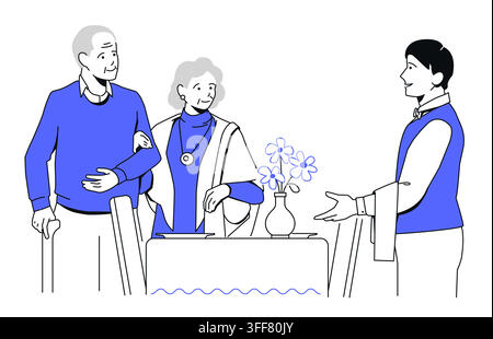 Senior Couple Dining Service Assistance - Line Design Illustration Stock Vector