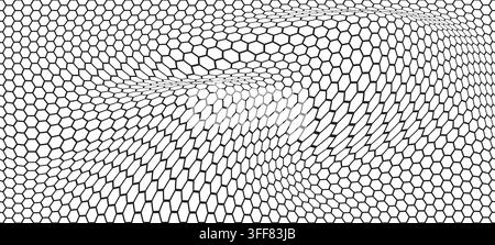 Warped soccer hexagon pattern. Distorted honeycomb mesh grid. Football net bg. Geometric background Stock Vector