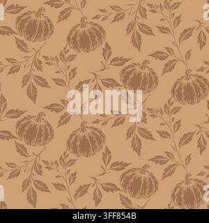 Seamless autumn botanical pattern featuring a central stylized pumpkin surrounded by loose leafy branches Stock Vector