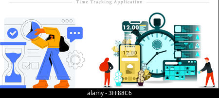 Time tracking application vector banner illustration set featuring clock, hourglass, smartphone, workflow, timer, and time management elements. Stock Vector