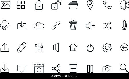 User interface vector line icon set featuring media controls, cloud storage, settings, security, folders, communication, and navigation elements. Stock Vector