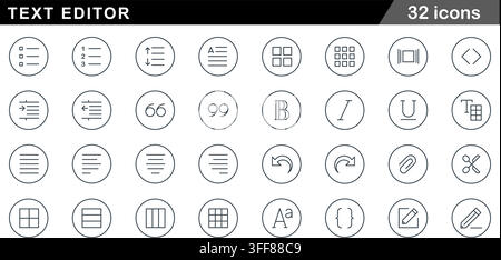 Text editor vector line icon set featuring formatting tools, typography symbols, lists, alignment, tables, code, and editing elements. Stock Vector