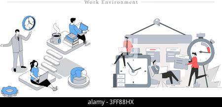 Work environment vector banner illustration set featuring office work, time management, scheduling, teamwork, analytics, and workflow elements. Stock Vector