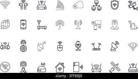 Wireless network and Wi-Fi connection vector icon set featuring routers, signal towers, satellite, smart devices, antennas, and internet symbols. Stock Vector
