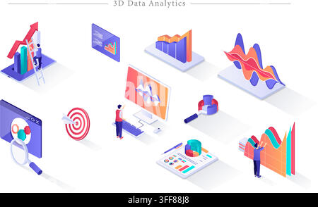 3D data analytics vector banner illustration set featuring business growth, charts, graphs, target, computer, and statistical analysis elements. Stock Vector