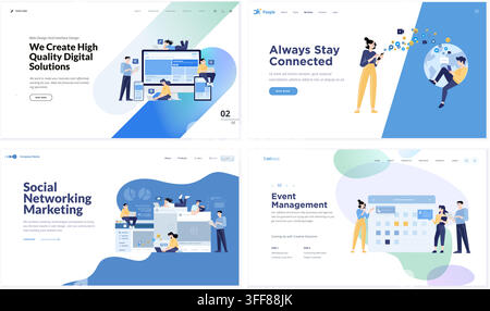 Web design and interface digital solutions vector landing page banner illustration set featuring social networking, marketing, and event management. Stock Vector