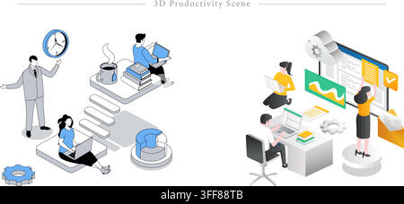 3D productivity scene vector banner illustration set featuring office work, time management, cloud computing, analytics, and team collaboration. Stock Vector