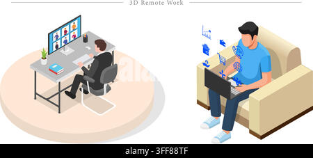 3D remote work vector banner illustration set featuring telecommuting, virtual office, video conference call, laptop, and home employment. Stock Vector