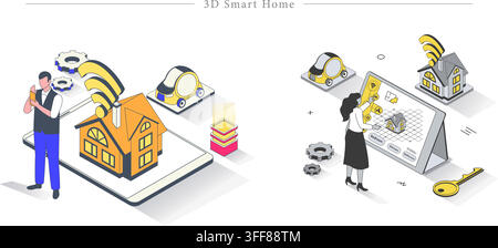 3D smart home vector banner illustration set featuring home automation, Wi-Fi connectivity, app control, IoT technology, and residential security. Stock Vector