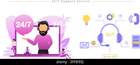 24/7 support service vector banner illustration set featuring customer care, call center operator, headset, helpdesk, and assistance elements. Stock Vector