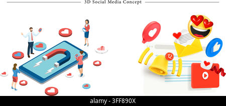3D social media concept vector banner illustration set featuring engagement, magnet, notifications, likes, heart emojis, and communication icons. Stock Vector