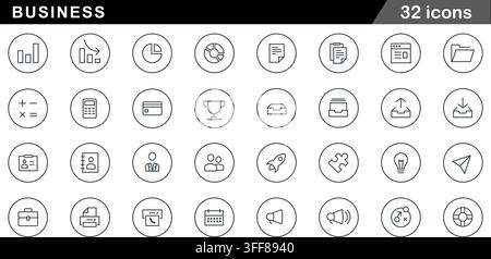 Business vector icon set featuring 32 round line symbols, charts, calculator, credit card, documents, startup, office, and finance elements. Stock Vector