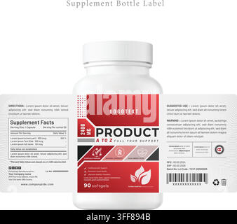 Supplement bottle label vector mockup set featuring product packaging, nutrition facts, directions, barcode, and health branding elements. Stock Vector