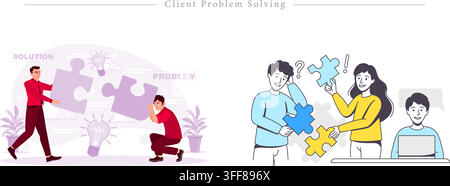 Client problem solving vector banner illustration set featuring puzzle pieces, teamwork, troubleshooting, ideas, brainstorming, and business strategy. Stock Vector