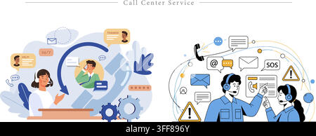 Call center service vector banner illustration set featuring customer support agents, headsets, help desk, communication, and assistance icons. Stock Vector