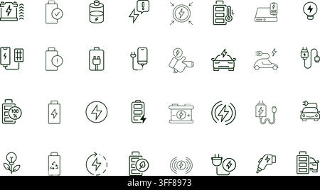 Battery and charging vector icon set featuring green line symbols, power, electric car, accumulator, charger, plug, renewable energy, and eco. Stock Vector