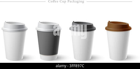 Coffee cup packaging vector mockup set featuring disposable paper cups, plastic lids, takeaway containers, sleeves, and cafe branding. Stock Vector