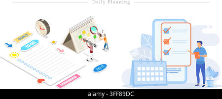 Daily planning vector banner illustration set featuring to-do list, calendar, goals, time management, schedule, and task organization. Stock Vector