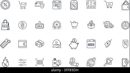 E-commerce vector icon set featuring line symbols, shopping cart, sale tags, wallet, delivery truck, discounts, and online payment icons. Stock Vector
