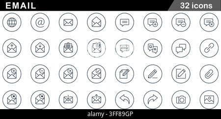 Email vector icon set featuring 32 line symbols, messages, inbox, sent mail, attachments, chat bubbles, FAQ, link, edit, and communication icons. Stock Vector