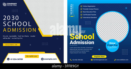 School admission social media post template vector set featuring education, registration, enroll now, contact info, and academic concepts. Stock Vector