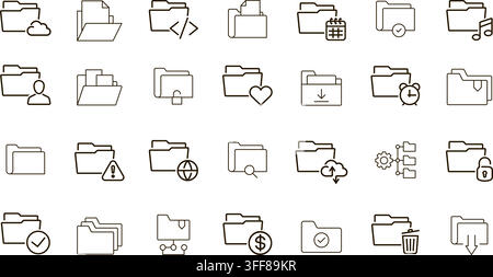 Folder vector icon set featuring line symbols, cloud folder, code, calendar, lock, download, search, sharing, financial folder, and delete. Stock Vector