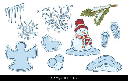 Vector set of winter elements and snowy decorations Stock Vector