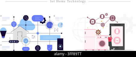 Iot home technology vector banner illustration set featuring smart home automation, connected network, smart appliances, and smartphone control. Stock Vector