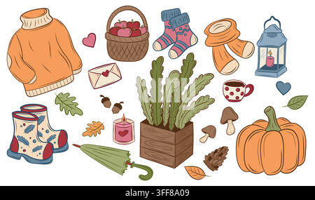 Vector set of autumn elements, clothing and seasonal accessories Stock Vector