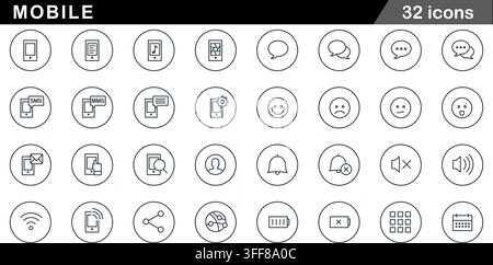 Mobile technology vector icon set featuring 32 line symbols, smartphone, messaging bubbles, emoticons, battery, wifi, and communication concepts. Stock Vector
