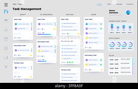 Task management dashboard vector UI template featuring kanban boards, project workflow columns, efficiency charts, and planning calendar. Stock Vector
