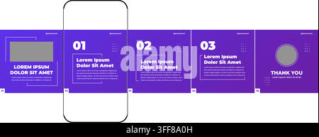Social media carousel template vector set featuring purple slides, numbered steps, placeholder text, and modern marketing layout. Stock Vector