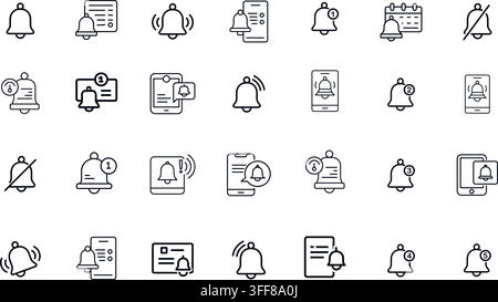 Notification bell vector icon set featuring line symbols, alarm, reminder, message alerts, mobile notification, and communication concepts. Stock Vector