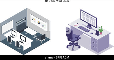 3D office workspace vector illustration set featuring isometric desk setup, computer monitor, office chair, meeting room, and business concepts. Stock Vector