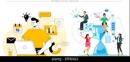 Productivity system vector banner illustration set featuring time management, team workflow, hourglass, calendar, charts, and digital concepts. Stock Vector
