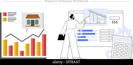 Property valuation dashboard vector banner illustration set featuring real estate analytics, chart bars, calculator, and financial concepts. Stock Vector
