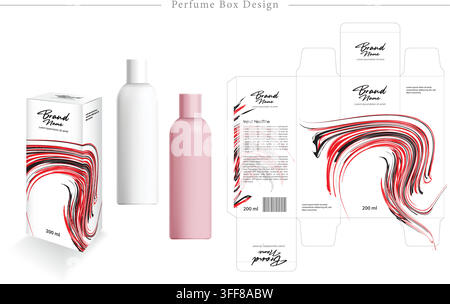 Perfume box design vector template set featuring cosmetic bottles, abstract red and black line art, packaging die line, and branding concepts. Stock Vector