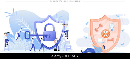 Secure future planning vector banner illustration set featuring security shield, padlock, key, people working, and protection concepts. Stock Vector