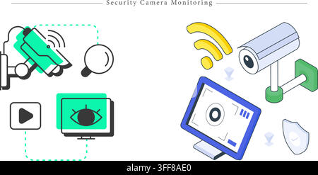 Security camera monitoring vector banner illustration set featuring surveillance icons, wireless symbols, monitor screen, and protection concepts. Stock Vector