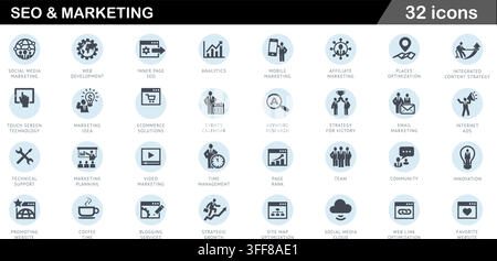 SEO and marketing icons vector set featuring 32 digital promotion symbols, analytics, social media, web development, and business elements. Stock Vector