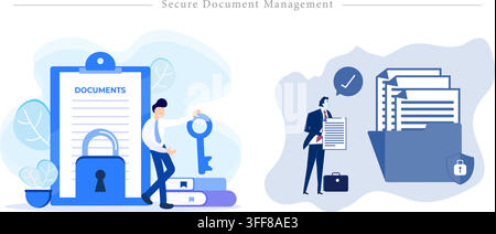 Secure document management vector banner illustration set featuring file protection icons, security padlock, key, folder, and safety concepts. Stock Vector