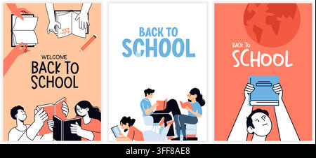 Back to school vector poster illustration set featuring students reading books, learning symbols, globe, and education banner concepts. Stock Vector