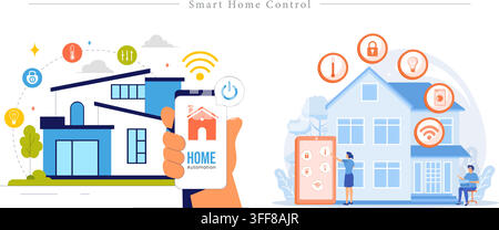Smart home control vector banner illustration set featuring automation icons, mobile app symbols, wireless network, and house technology concepts. Stock Vector
