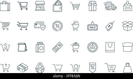 E-commerce line icons vector set featuring shopping carts, retail symbols, discount tags, delivery truck, and online purchase elements. Stock Vector