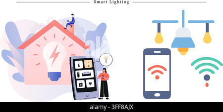Smart lighting vector banner illustration set featuring home automation icons, wireless control symbols, smartphone app, and IoT concepts. Stock Vector